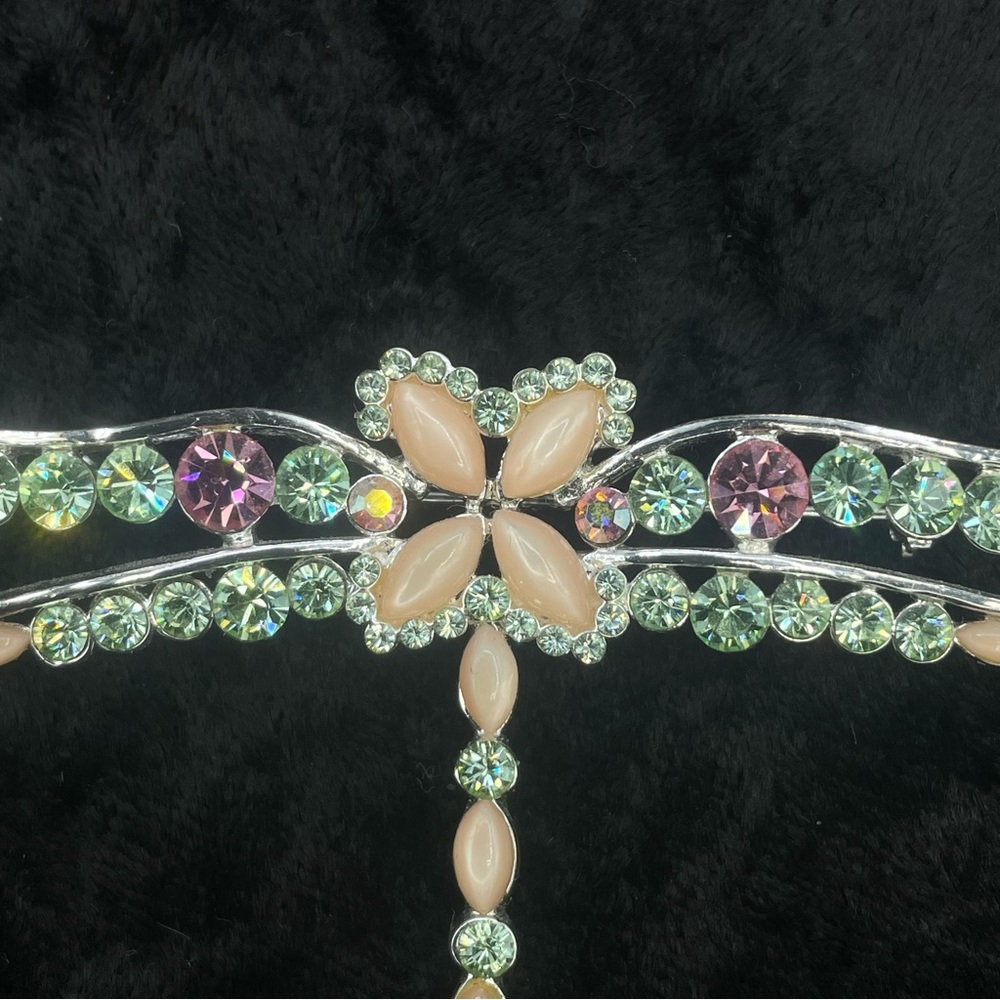 NWT GIVENCHY Dragonfly Pin Brooch Peach Moonstone Silver Tone Green Pink Crystal - Picture 3 of 9